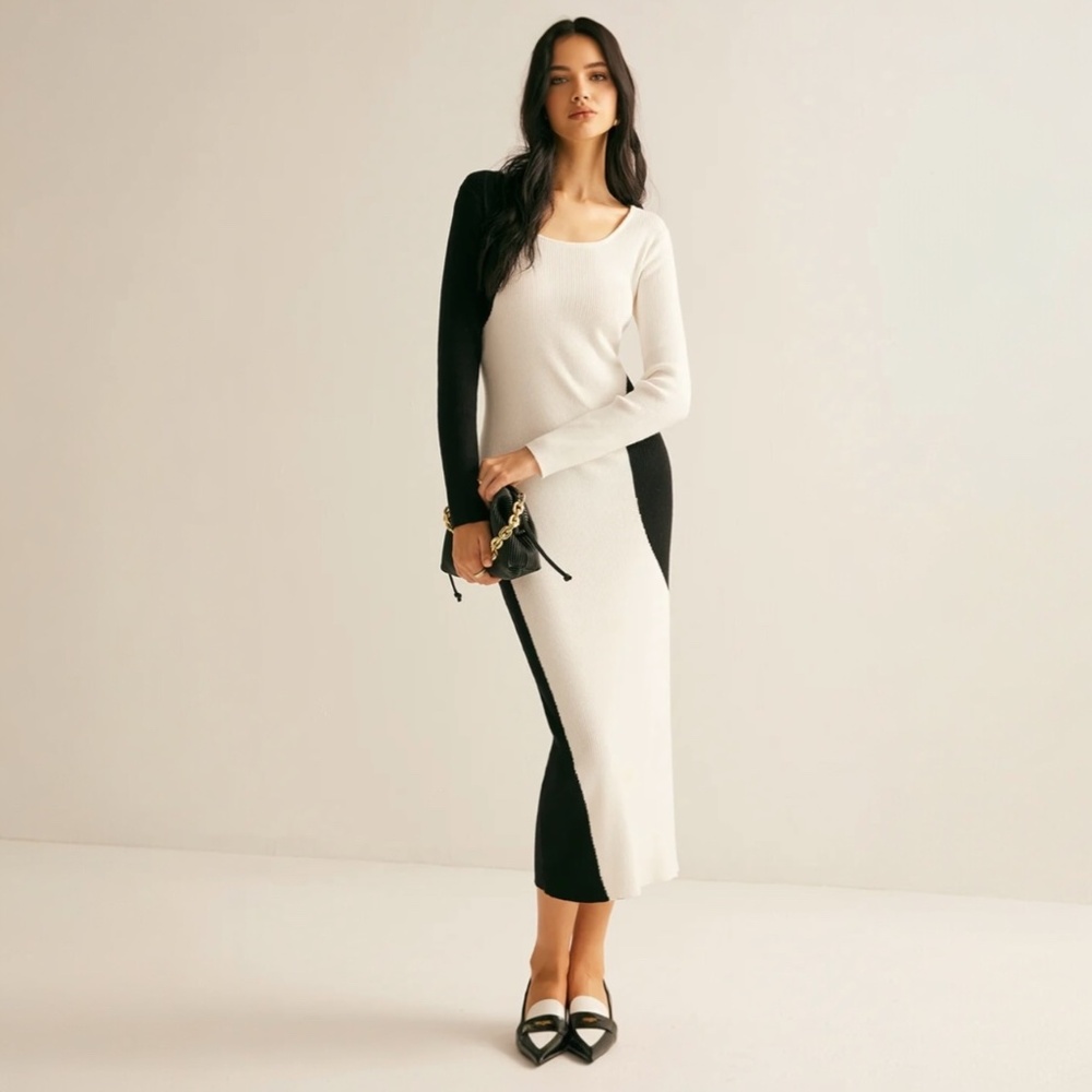 Commense Dress Black White Square Neck Color Block Long Sleeve Sweater Dress